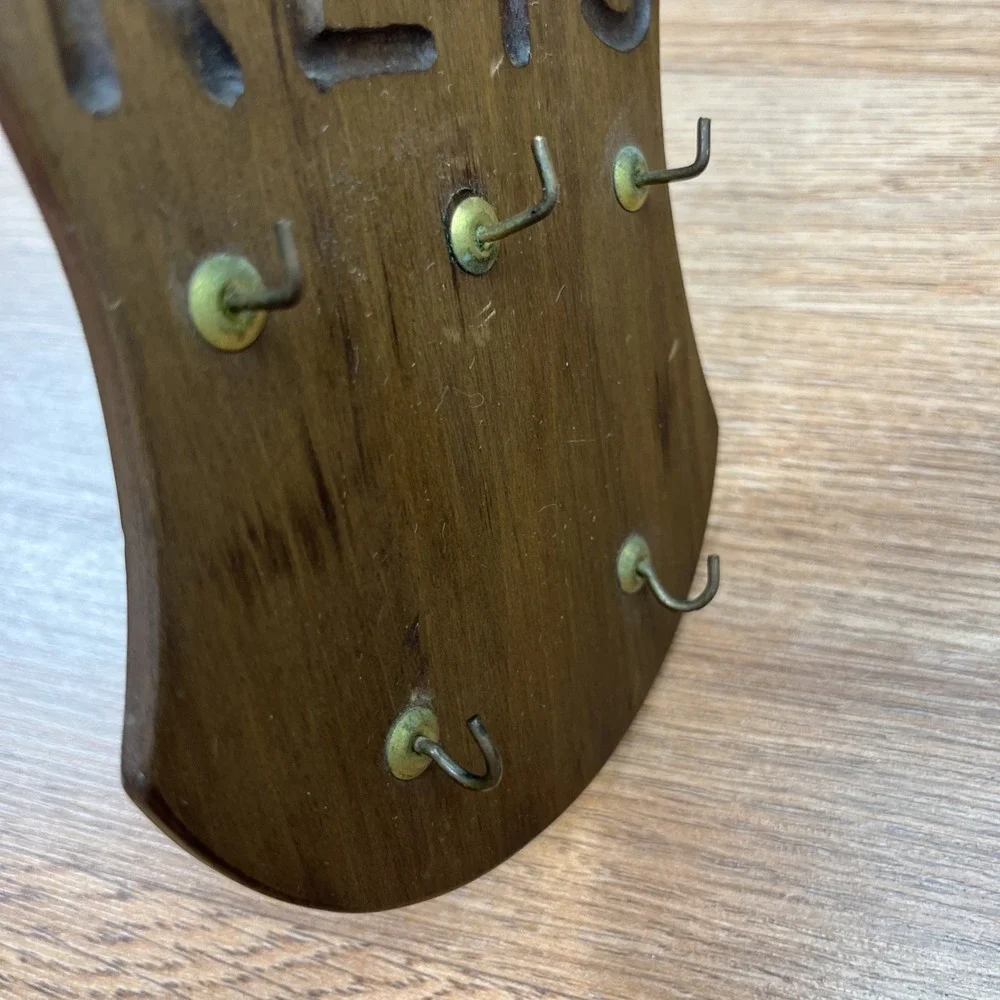 Vintage 1980 Wood Wall Hanging Key‎ Hook Rack with 5 Hooks